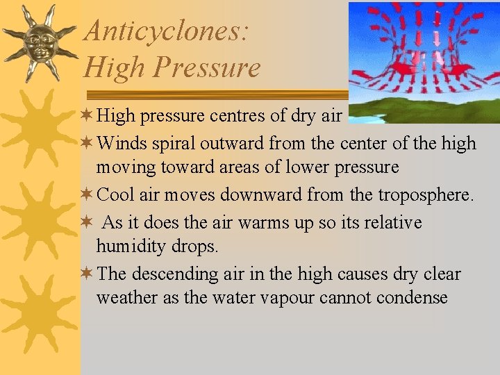 Anticyclones: High Pressure ¬ High pressure centres of dry air ¬ Winds spiral outward