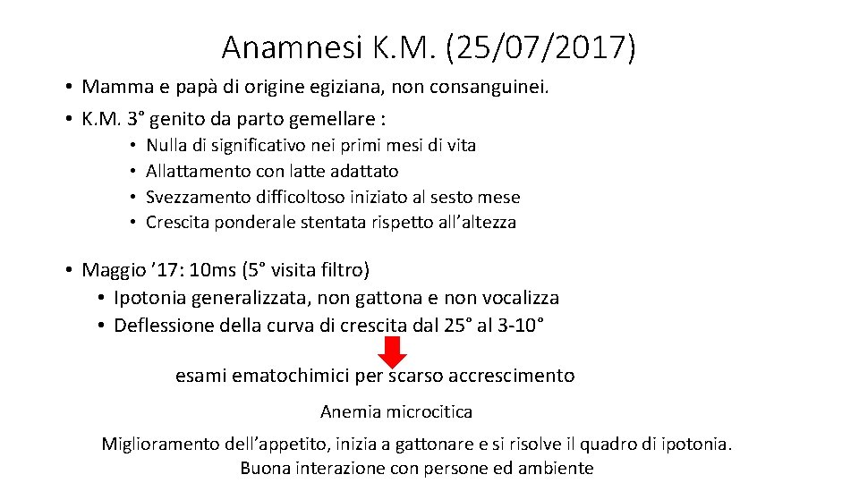 Anamnesi K. M. (25/07/2017) • Mamma e papà di origine egiziana, non consanguinei. •