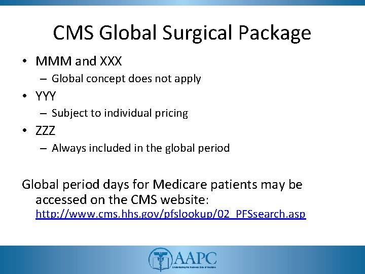 CMS Global Surgical Package • MMM and XXX – Global concept does not apply