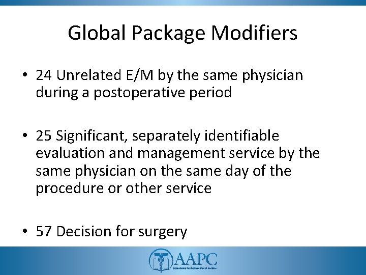 Global Package Modifiers • 24 Unrelated E/M by the same physician during a postoperative