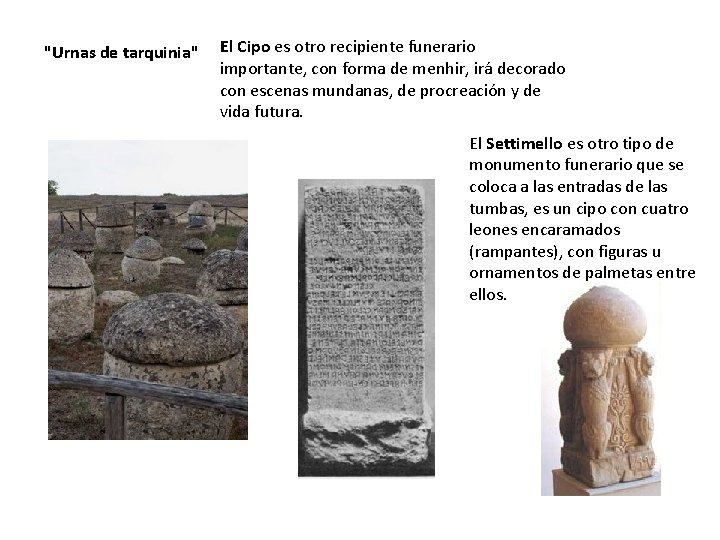 "Urnas de tarquinia" El Cipo es otro recipiente funerario importante, con forma de menhir,