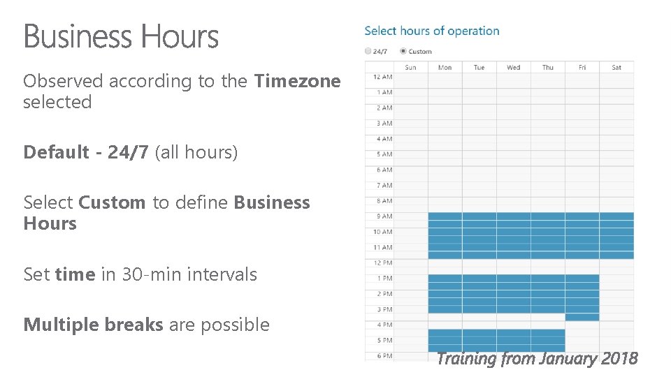 Observed according to the Timezone selected Default - 24/7 (all hours) Select Custom to