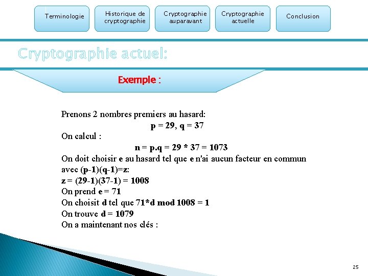 Terminologie Historique de cryptographie Cryptographie auparavant Cryptographie actuelle Conclusion Cryptographie actuel: Exemple : Prenons
