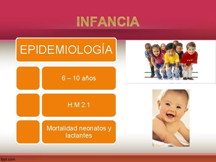 INFANCIA EPIDEMIOLOGÍA 6 – 10 años H: M 2: 1 Mortalidad neonatos y lactantes