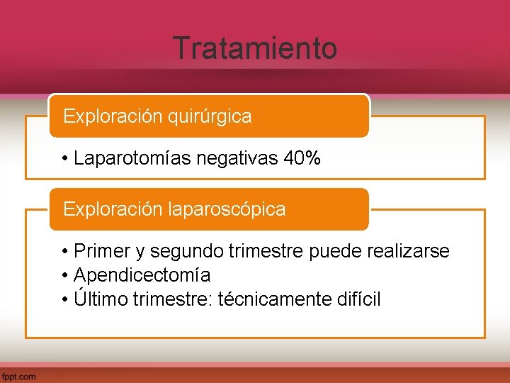 Tratamiento Exploración quirúrgica • Laparotomías negativas 40% Exploración laparoscópica • Primer y segundo trimestre