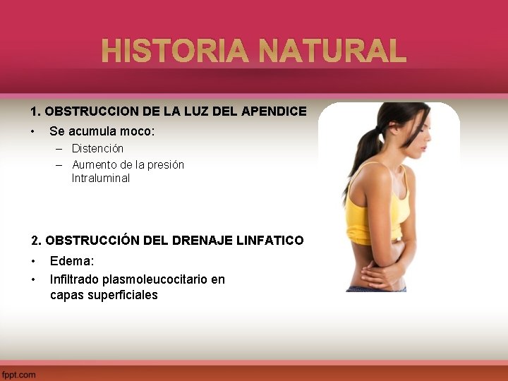 HISTORIA NATURAL 1. OBSTRUCCION DE LA LUZ DEL APENDICE • Se acumula moco: –