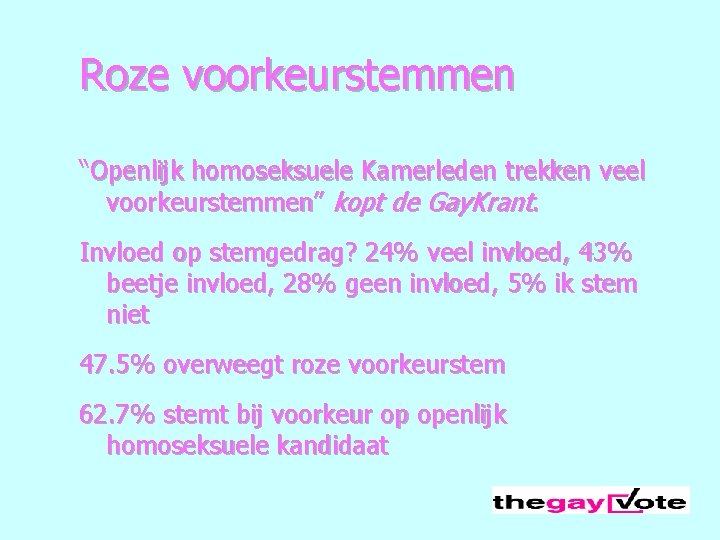 Roze voorkeurstemmen “Openlijk homoseksuele Kamerleden trekken veel voorkeurstemmen” kopt de Gay. Krant. Invloed op