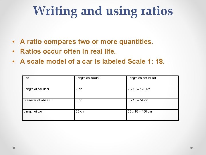 Writing and using ratios • A ratio compares two or more quantities. • Ratios