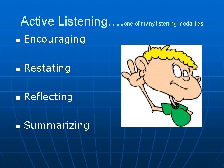 Active Listening…. one of many listening modalities Encouraging Restating Reflecting Summarizing 