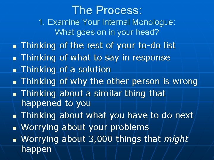 The Process: 1. Examine Your Internal Monologue: What goes on in your head? Thinking