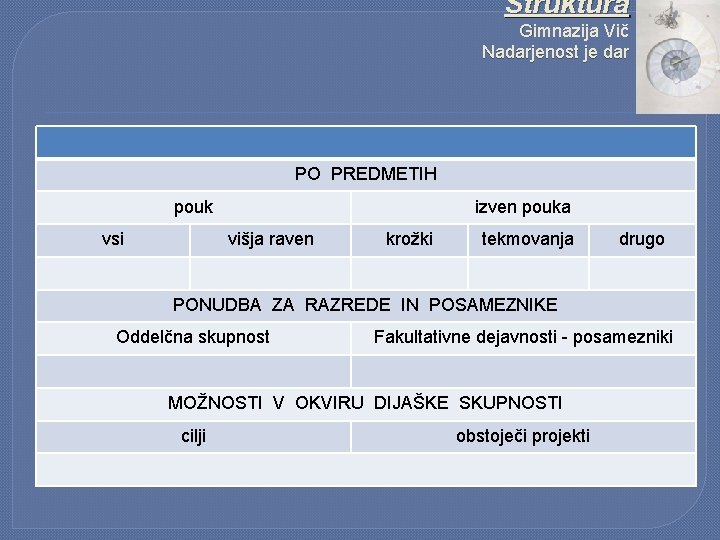 Struktura Gimnazija Vič Nadarjenost je dar PO PREDMETIH pouk vsi izven pouka višja raven