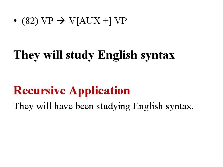  • (82) VP V[AUX +] VP They will study English syntax Recursive Application