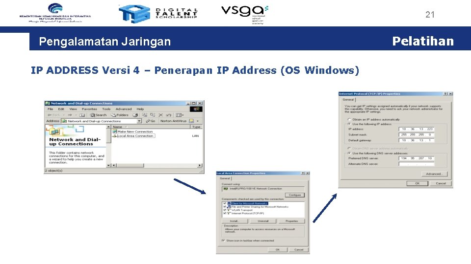 21 Pengalamatan Jaringan IP ADDRESS Versi 4 – Penerapan IP Address (OS Windows) Pelatihan