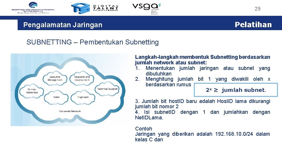 29 Pelatihan Pengalamatan Jaringan SUBNETTING – Pembentukan Subnetting Langkah-langkah membentuk Subnetting berdasarkan jumlah network