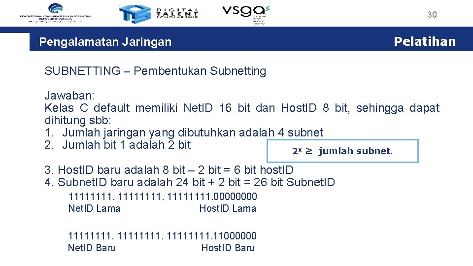 30 Pengalamatan Jaringan Pelatihan SUBNETTING – Pembentukan Subnetting Jawaban: Kelas C default memiliki Net.