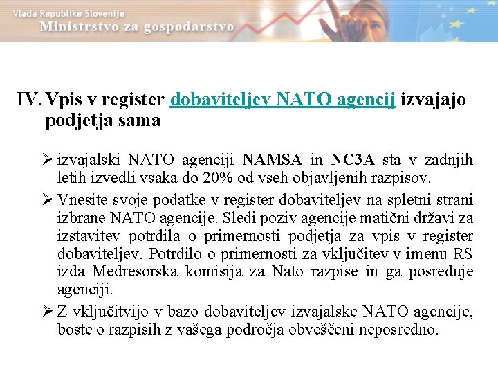 IV. Vpis v register dobaviteljev NATO agencij izvajajo podjetja sama izvajalski NATO agenciji NAMSA