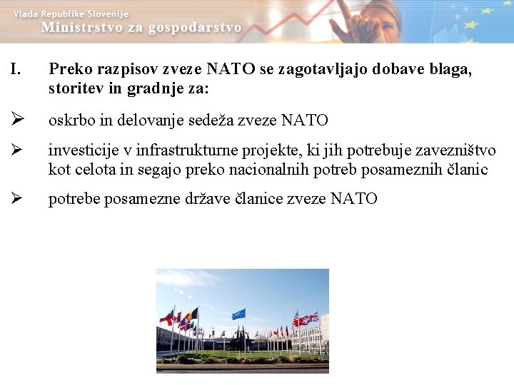 I. Preko razpisov zveze NATO se zagotavljajo dobave blaga, storitev in gradnje za: oskrbo