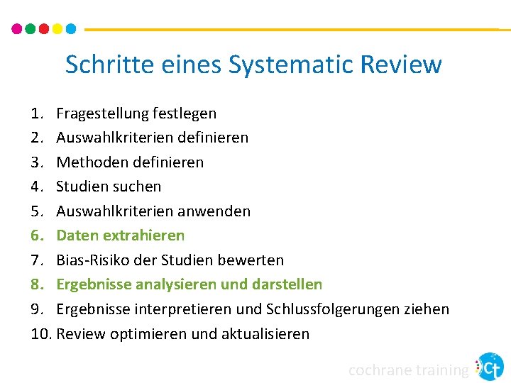 Schritte eines Systematic Review 1. Fragestellung festlegen 2. Auswahlkriterien definieren 3. Methoden definieren 4.