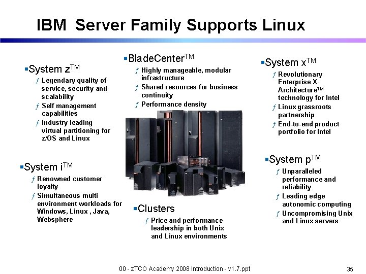 IBM Server Family Supports Linux §Blade. Center. TM §System z. TM ƒ Highly manageable,