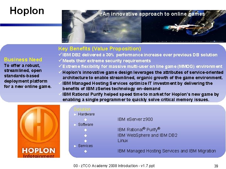 Hoplon An innovative approach to online games Key Benefits (Value Proposition) Business Need To