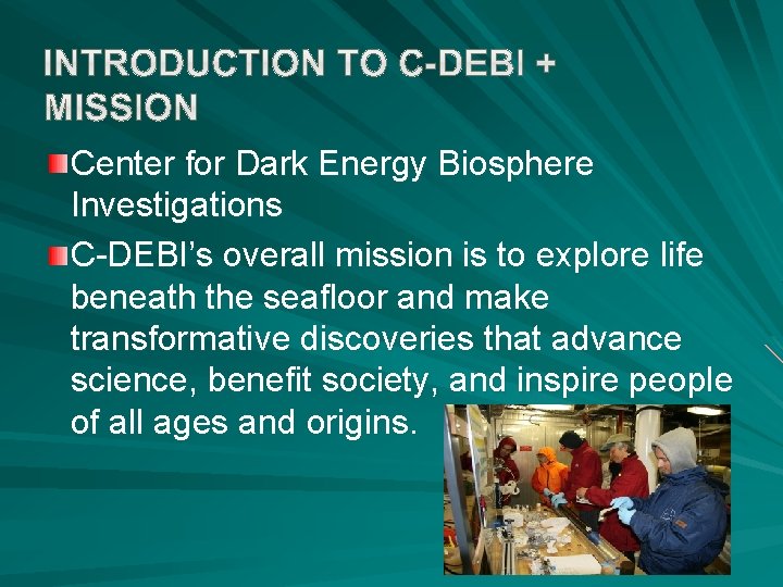 Center for Dark Energy Biosphere Investigations C-DEBI’s overall mission is to explore life beneath