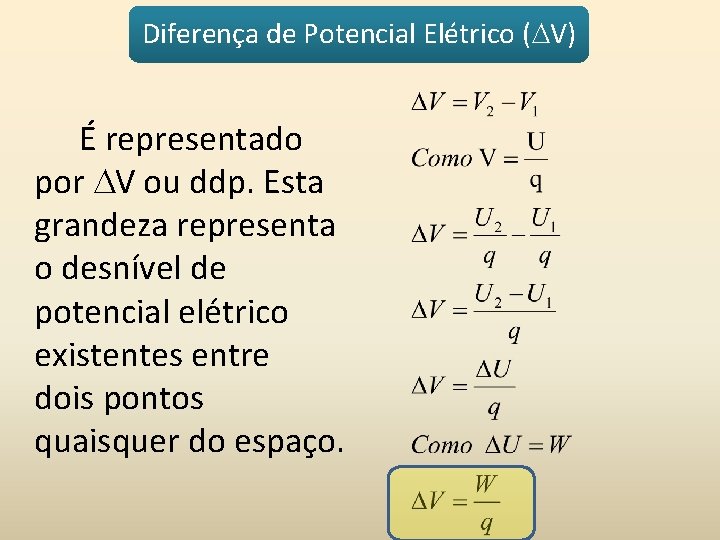 Diferença de Potencial Elétrico ( V) É representado por V ou ddp. Esta grandeza