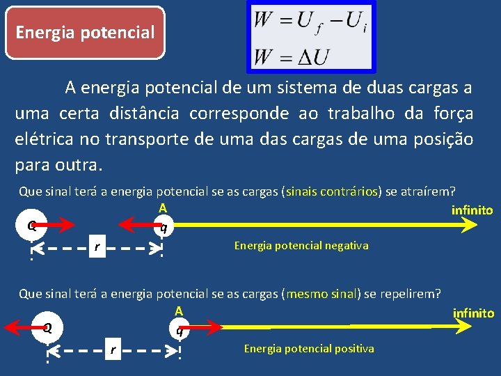 Energia potencial A energia potencial de um sistema de duas cargas a uma certa