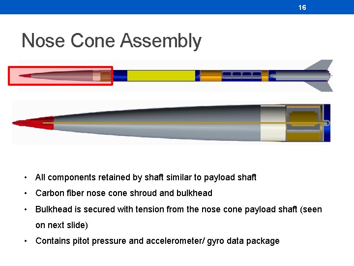 16 Nose Cone Assembly • All components retained by shaft similar to payload shaft 16 Nose Cone Assembly • All components retained by shaft similar to payload shaft