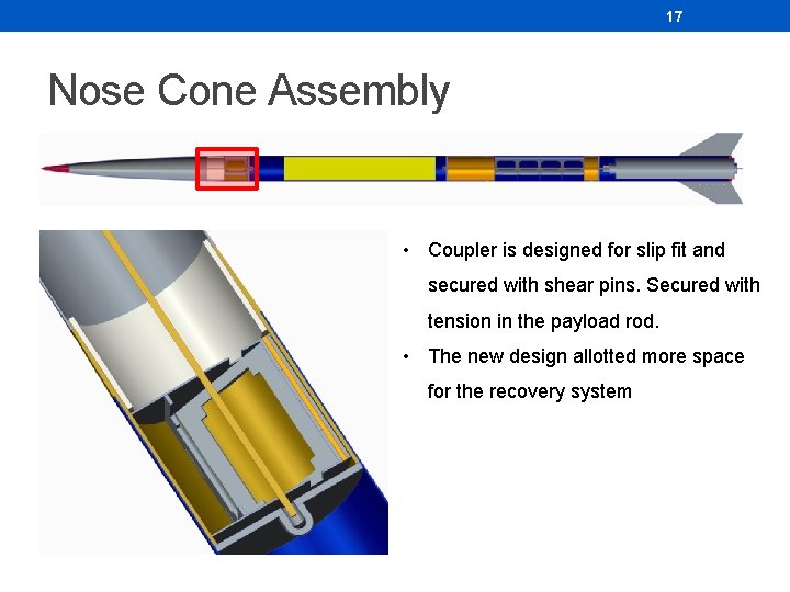 17 Nose Cone Assembly • Coupler is designed for slip fit and secured with