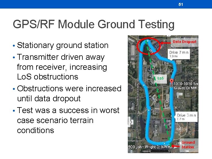 51 GPS/RF Module Ground Testing Data Dropout • Stationary ground station • Transmitter driven 51 GPS/RF Module Ground Testing Data Dropout • Stationary ground station • Transmitter driven