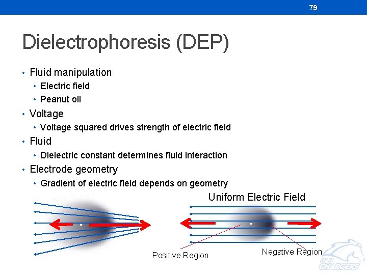 79 Dielectrophoresis (DEP) • Fluid manipulation • Electric field • Peanut oil • Voltage 79 Dielectrophoresis (DEP) • Fluid manipulation • Electric field • Peanut oil • Voltage
