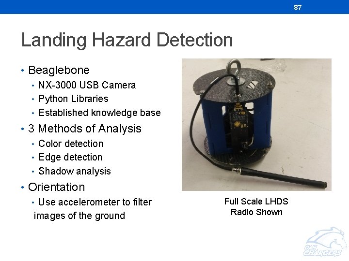 87 Landing Hazard Detection • Beaglebone • NX-3000 USB Camera • Python Libraries •