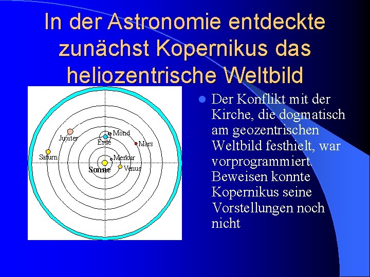 In der Astronomie entdeckte zunächst Kopernikus das heliozentrische Weltbild l Der Konflikt mit der