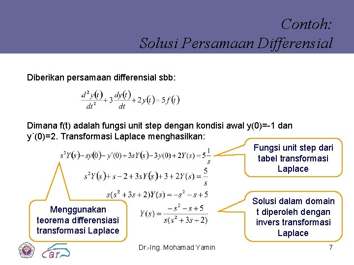 Contoh: Solusi Persamaan Differensial Diberikan persamaan differensial sbb: Dimana f(t) adalah fungsi unit step Contoh: Solusi Persamaan Differensial Diberikan persamaan differensial sbb: Dimana f(t) adalah fungsi unit step