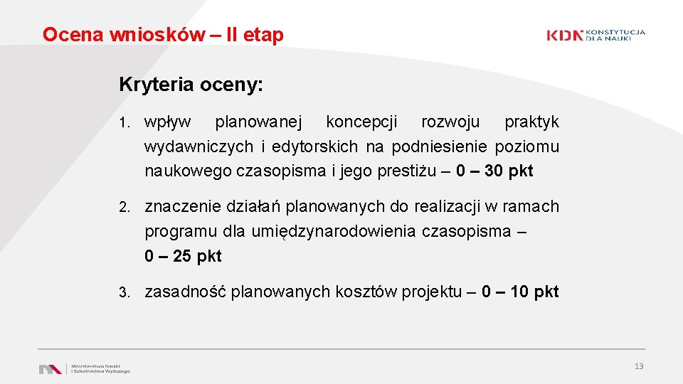 Ocena wniosków – II etap Kryteria oceny: 1. wpływ planowanej koncepcji rozwoju praktyk wydawniczych