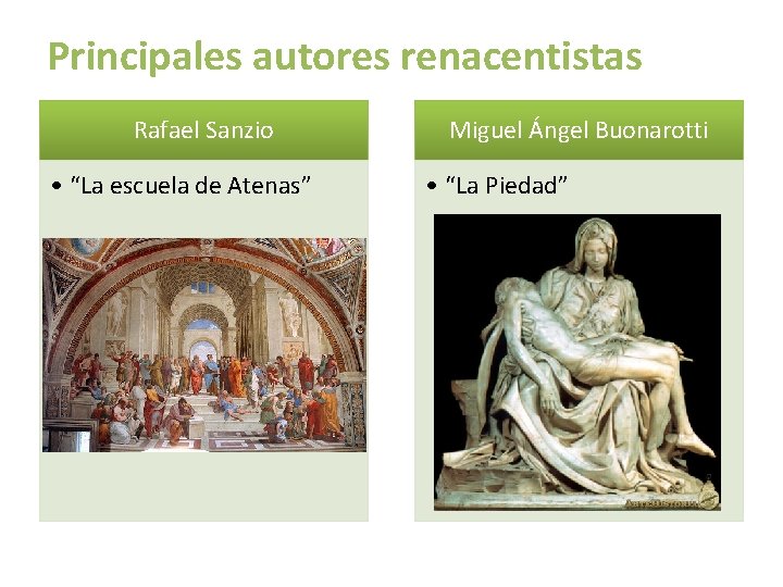 Principales autores renacentistas Rafael Sanzio • “La escuela de Atenas” Miguel Ángel Buonarotti •