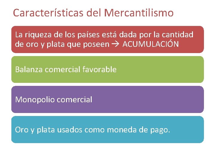 Características del Mercantilismo La riqueza de los países está dada por la cantidad de