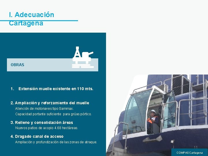 I. Adecuación Cartagena OBRAS 1. Extensión muelle existente en 110 mts. 2. Ampliación y