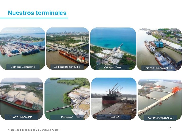 Nuestros terminales Compas Cartagena Compas Barranquilla Compas Tolú Panamá* Houston* Puerto Buenavista *Propiedad de