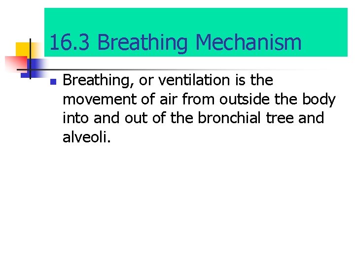 16. 3 Breathing Mechanism n Breathing, or ventilation is the movement of air from