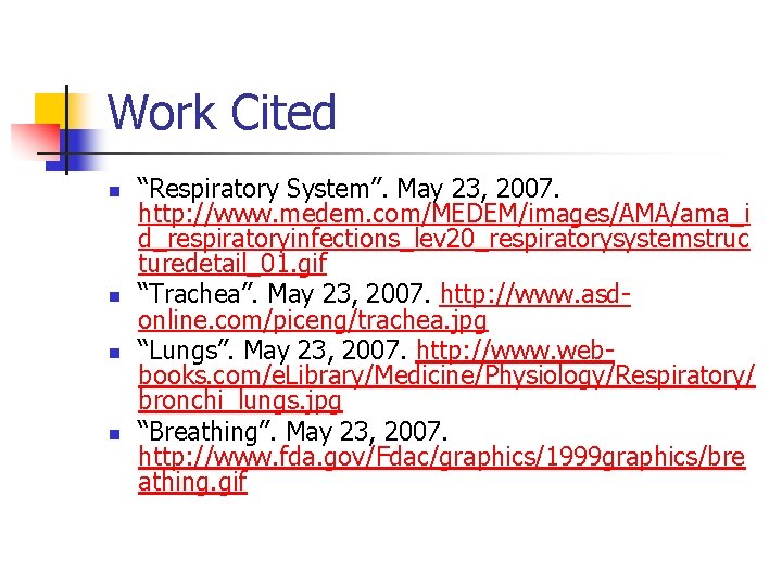 Work Cited n n “Respiratory System”. May 23, 2007. http: //www. medem. com/MEDEM/images/AMA/ama_i d_respiratoryinfections_lev