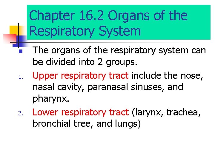 Chapter 16. 2 Organs of the Respiratory System n 1. 2. The organs of