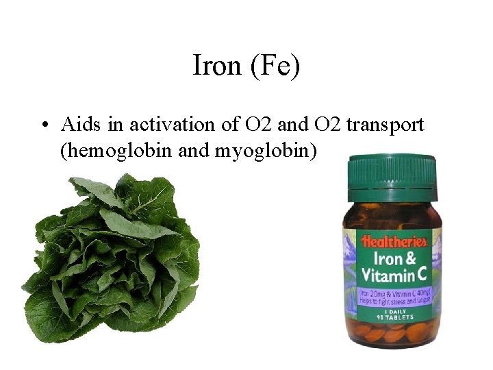 Iron (Fe) • Aids in activation of O 2 and O 2 transport (hemoglobin