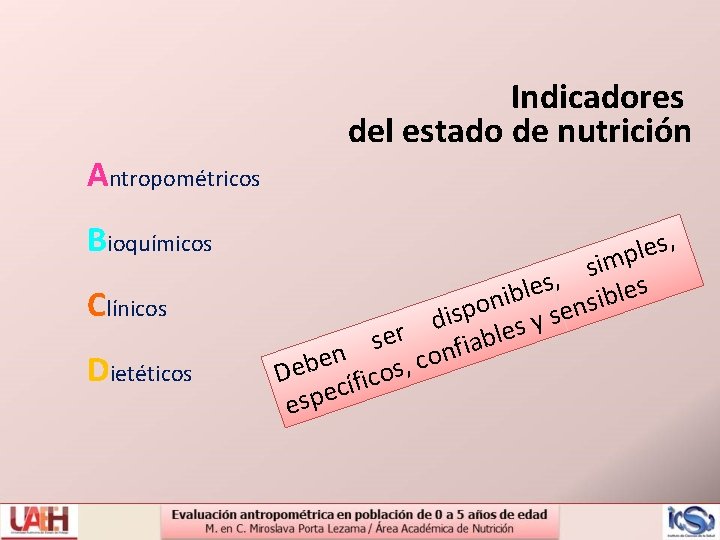 Indicadores del estado de nutrición Antropométricos Bioquímicos Clínicos Dietéticos es, l p im s