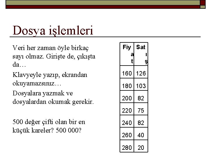 Dosya işlemleri Veri her zaman öyle birkaç sayı olmaz. Girişte de, çıkışta da… Klavyeyle