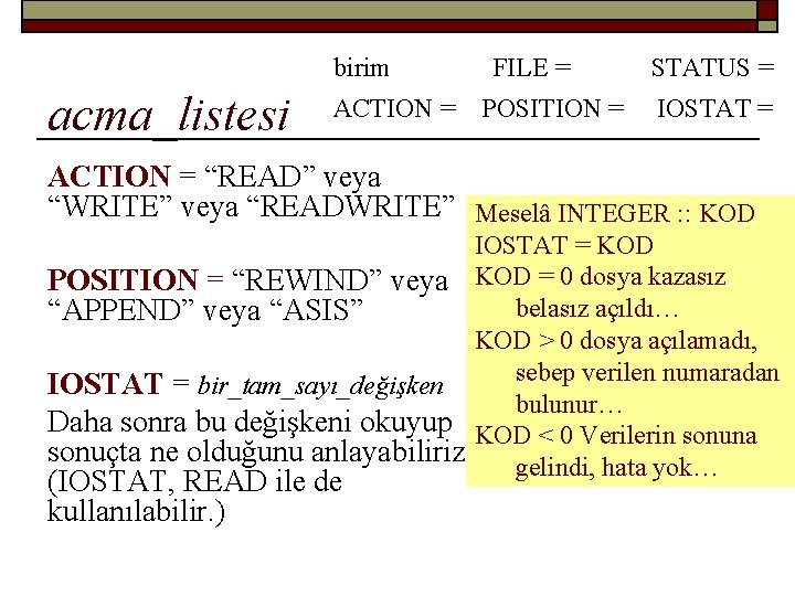 birim acma_listesi ACTION = FILE = POSITION = STATUS = IOSTAT = ACTION =