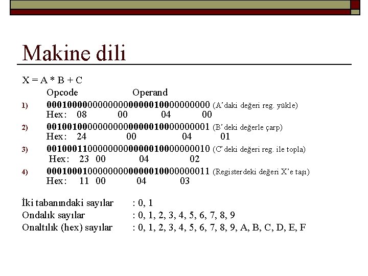 Makine dili X=A*B+C Opcode Operand 1) 0001000000000100000 (A’daki değeri reg. yükle) Hex: 08 00