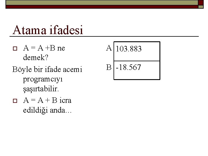 Atama ifadesi A = A +B ne demek? Böyle bir ifade acemi programcıyı şaşırtabilir.