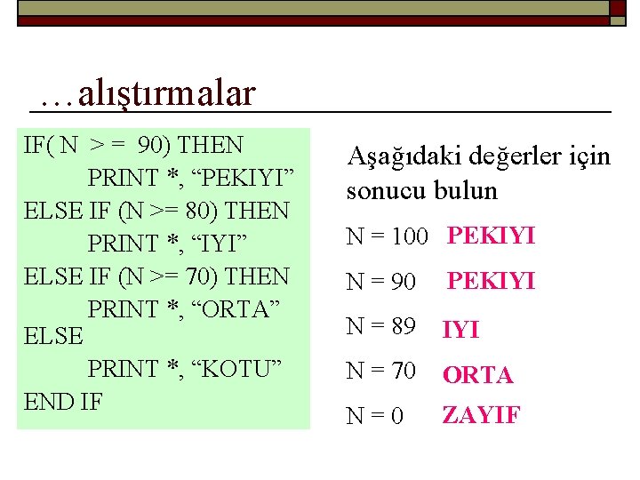 …alıştırmalar IF( N > = 90) THEN PRINT *, “PEKIYI” ELSE IF (N >=