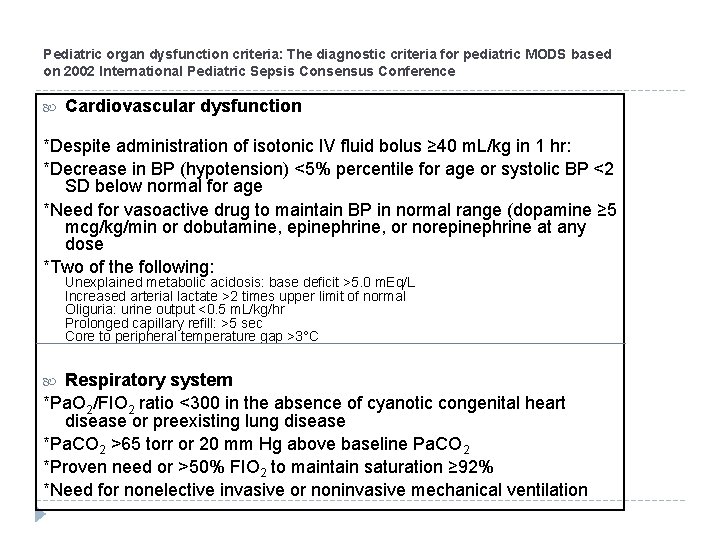 Pediatric organ dysfunction criteria: The diagnostic criteria for pediatric MODS based on 2002 International